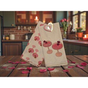 Set Of 2 Pink & Red Valentines Day Heart Love Martini Kitchen Towel 20" X 28"